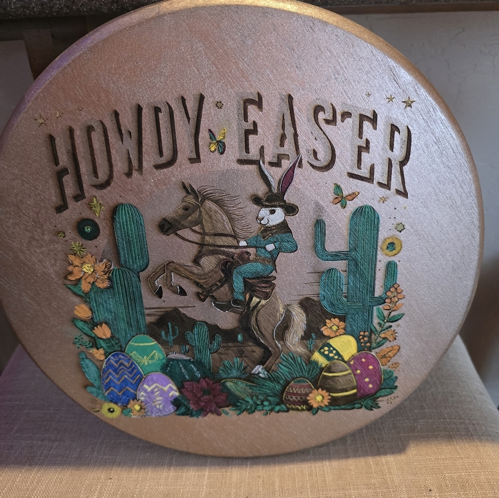 Howdy Easter, Wood Plate, Laser Engraved And Painted, With Stand